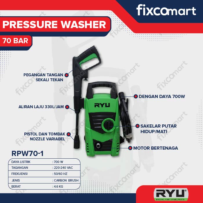 RYU Alat Cuci Steam Ryu Rpw 70-1 Mesin Cuci Tekanan Tinggi - Pressure Washer