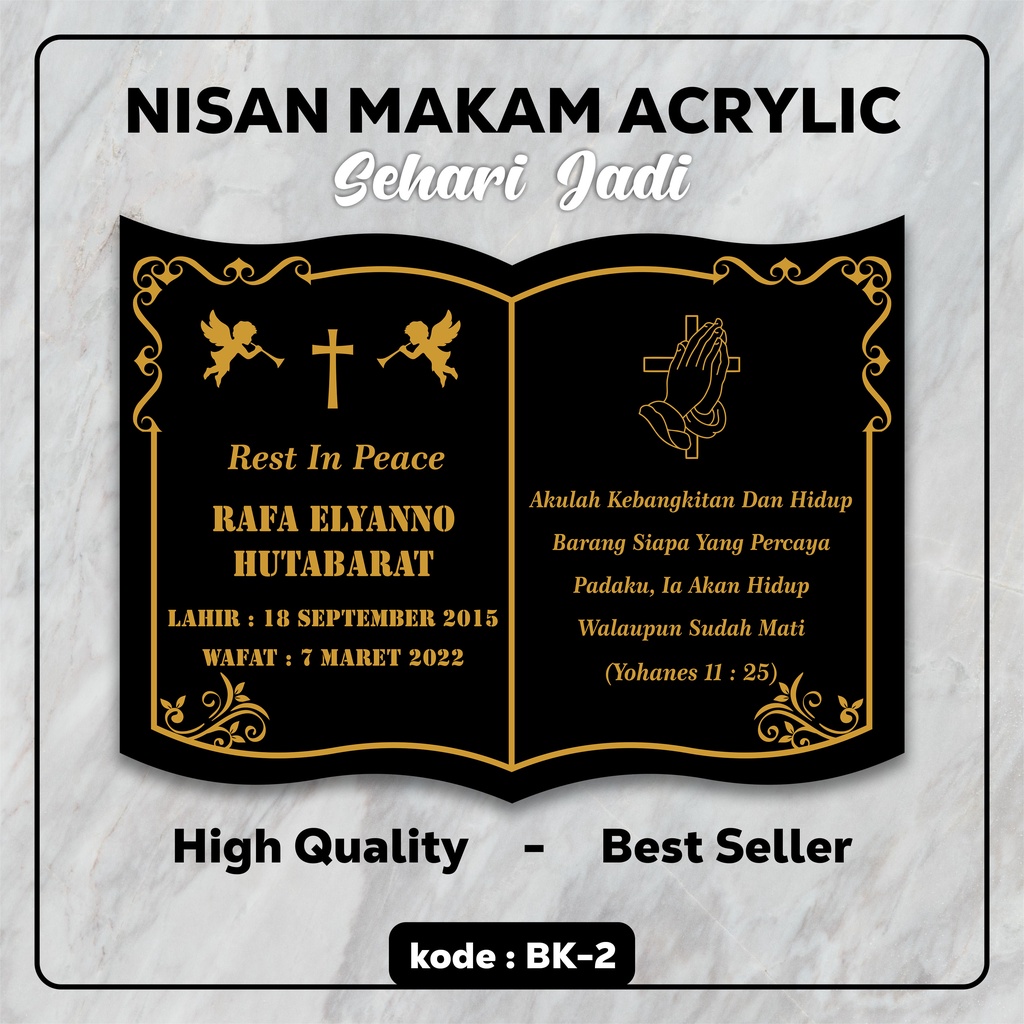 (SEHARI JADI) NAMA NISAN KRISTEN MODEL BUKU BAHAN AKRILIK CUSTOM | BATU NISAN PRASASTI MAKAM UKIR LA