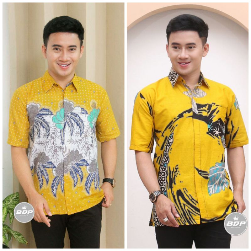 ATASAN KEMEJA HEM BATIK PRIA COWOK WARNA KUNING LENGAN PENDEK M L XL MURAH FORMAL CASUAL KERJA KANTO