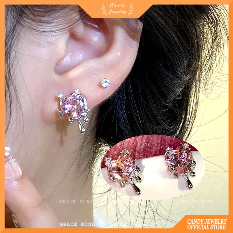 Cinta Anting Zirkon Merah Muda High-end Angin Dingin Cahaya Mewah Sederhana Anting-Anting Permen Perhiasan