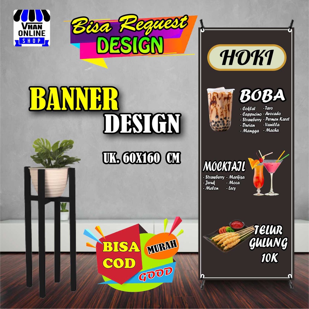 Spanduk Banner Jualan Boba, Mocktail, Mojito, Makanan, Model Warna Hitam