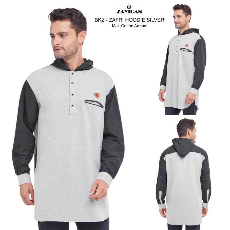 Zayidan Zafri Hoodie Baju Koko Pria Kurta Pakistan Muslim Lengan Panjang Warna Silver Abu