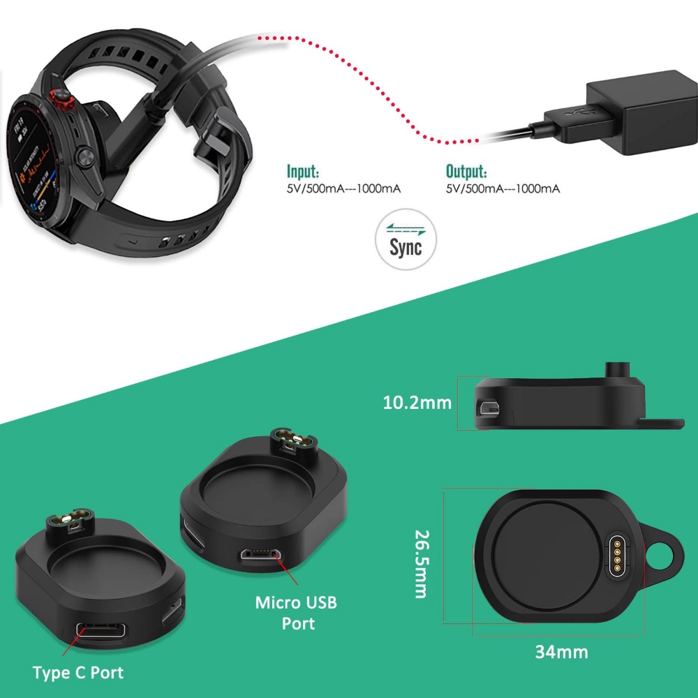 2in1 Type C/Micro Port USB Watch Charger Adapter, Konverter Pengisian Jam Tangan Pintar, Basis Adaptor Konektor Pengisian Daya, Aksesoris Pengisian Mini Kompatibel Dengan Paling Garmin Fenix Watche