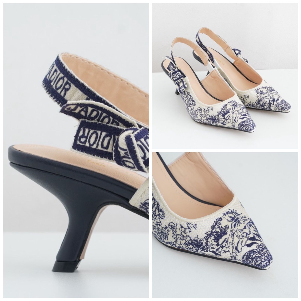 Sepatu Wanita Heel D 113 Navy Motif Bordir / By Tas Premium_id