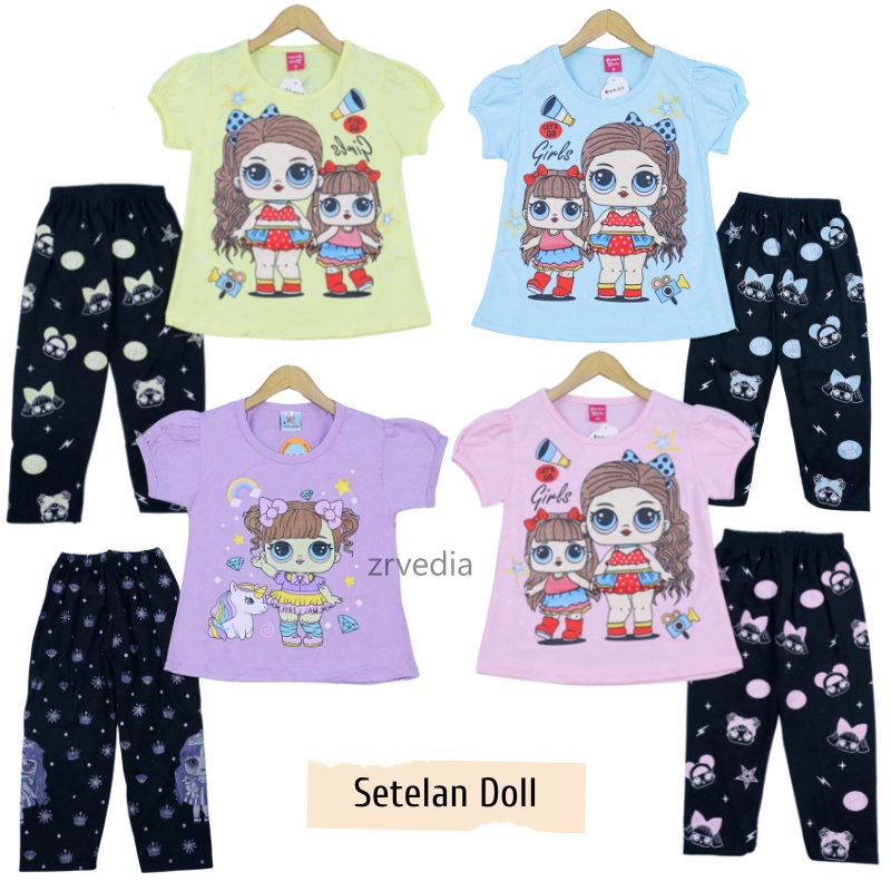 Setelan DOLL uk 2-6 Tahun / Baju Anak Karakter Legging Perempuan Celana Atasan Kaos Import