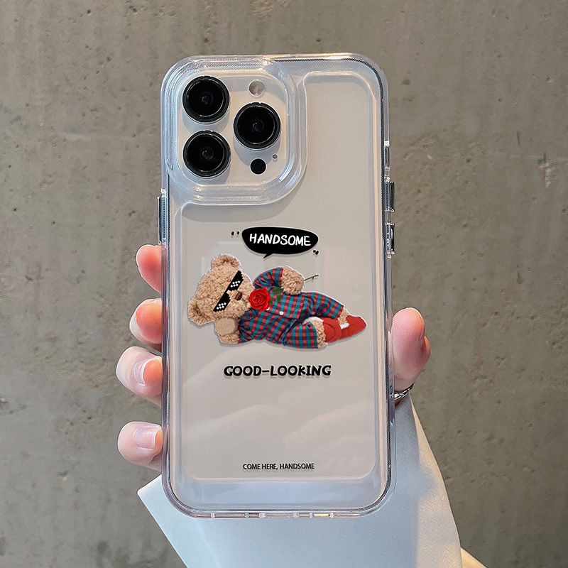 IPHONE Setelan Ganteng Beruang Shockproof Soft Phone Case Tahan Guncangan Kompatibel Untuk Iphone13 14 11 12 Pro XS Max X XR 78 6 6S Plus Casing Transparan TPU Cover