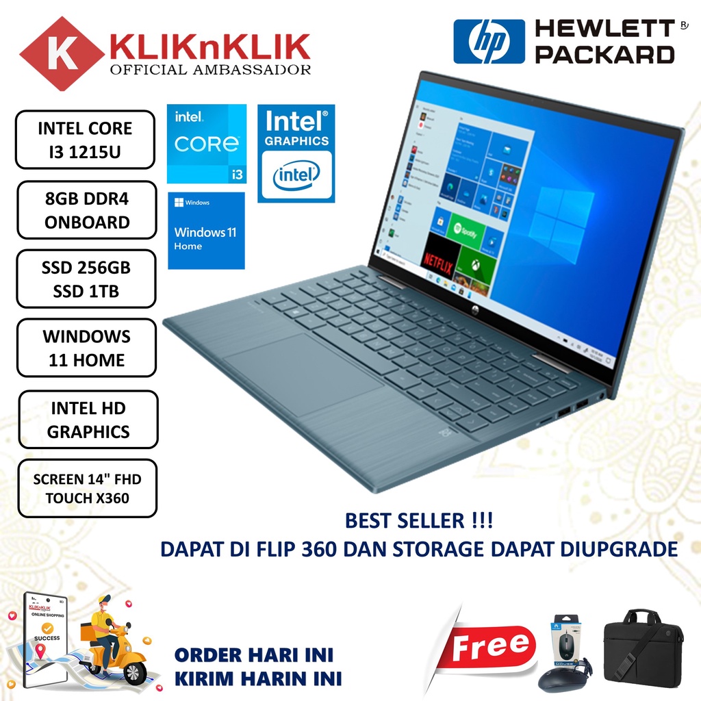 Laptop Flip 2in1 HP Pavilion X360 Intel Core I3 1215U 8GB 1TB FHD IPS Touchscreen Windows 11 Blue Terlaris