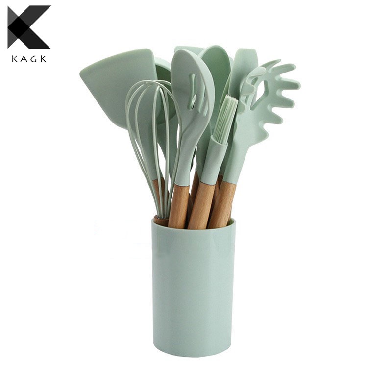 KAGK 12pcs Silikon Spatula Tahan Panas Silikon Spatula Masak Set Silicon Gagang Kayu Alat dapur