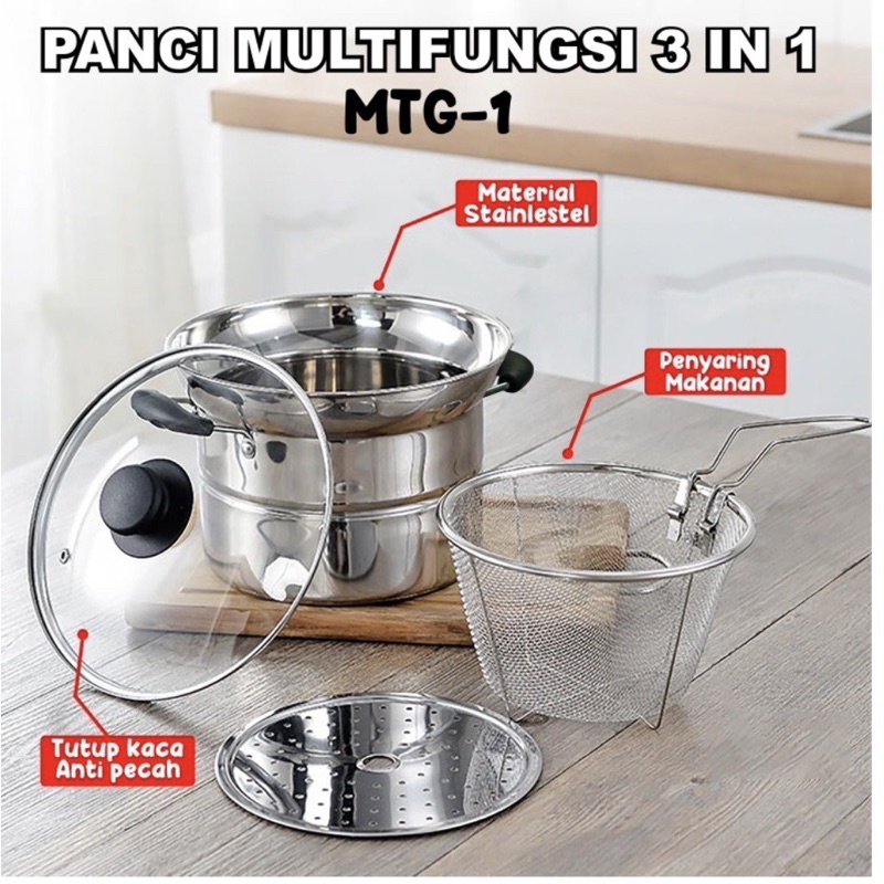 Panci 3in1 Goreng Rebus - Deep Fryer Gagang Panjang &amp; Kuping 2 - Panci Mie Stainless - Panci Steamer Multifungsi