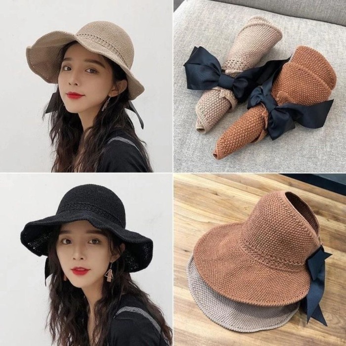 HEMAT TOPI PANTAI WANITA ELEGAN HOLLOW OUT PITA ANTI UV ORIGINAL IMPORT