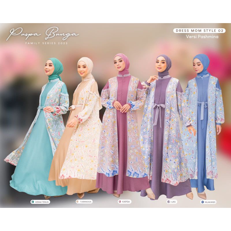 PUSPA BUNGA Dress Style 2 Set Pashmina Gamis Inner with Outer Motif Stylish Syari Sarimbit Lebaran Hari Raya Eid 2023 PUAN
