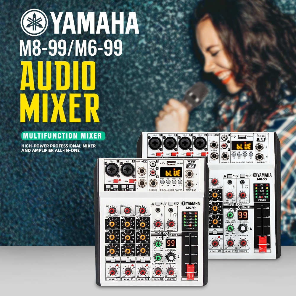 Mixer Audio Profesional YAMAHA M6-99/M8-99 mixer kecil 4 saluran Efek 99DSP bawaan Mendukung pemutaran Bluetooth/UBB/PC/MP3 Dukungan untuk penggunaan di dalam kendaraan Peralatan bernyanyi KTV pertunjukan luar ruangan