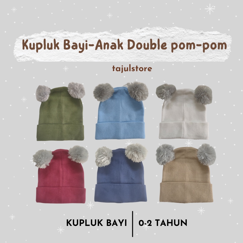 Kupluk Bayi-Anak Double Pompom | Kupluk Rajut Bayi | Kupluk Bayi