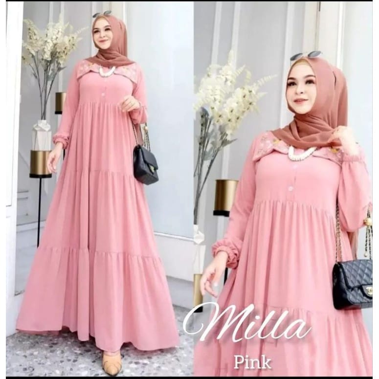 Milla Dress Gamis Malaysia Ceruty Babydoll Aksen Bordir Baju Kondangan Wanita Jumbo Gamis Busui Friendly Gaun Pesta Muslimah