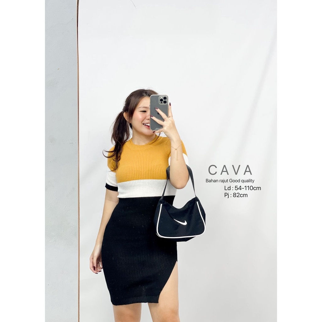 HOPYLOVY - Mini Dress Rajut Wanita List White Slit Simple Cava