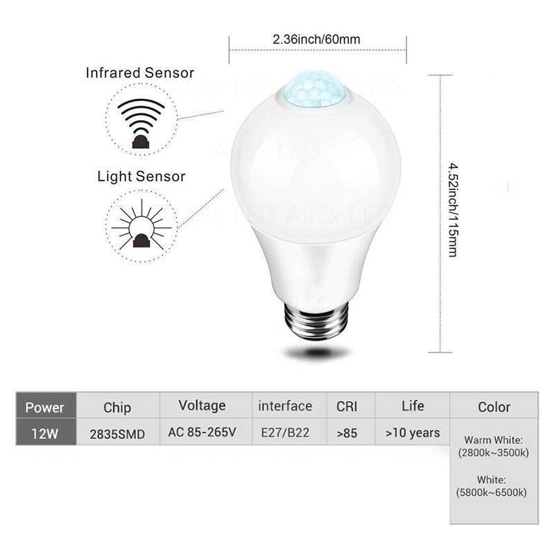 12w E27 LED Gerak PIR Tubuh Manusia Bohlam Sensor Rumah Tangga Tergantikan Samrt Super Terang Hemat Daya Otomatis Lampu Bohlam Auto ON/OFF Lampu Malam