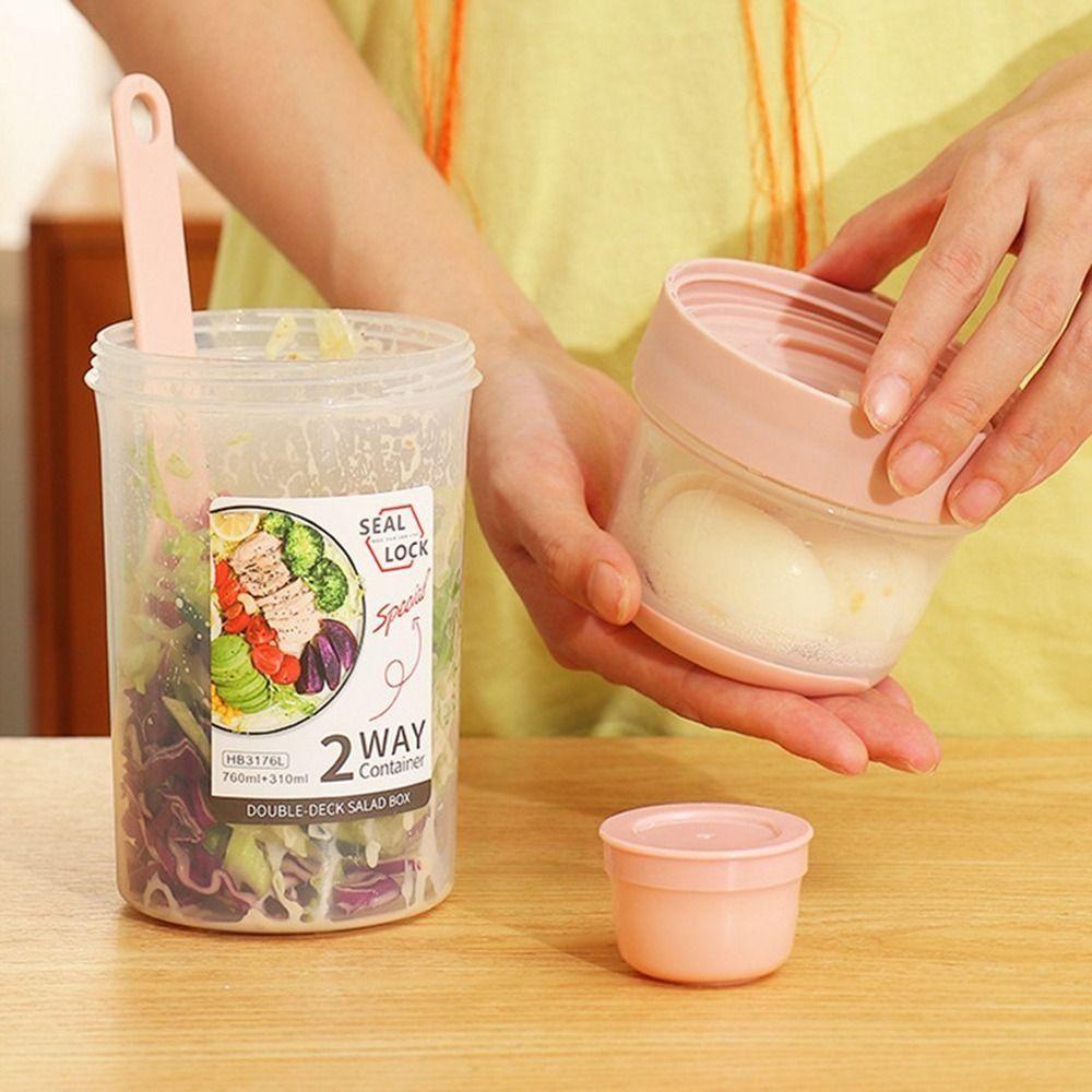 [Elegan] Salad Cup Portable Plastik Dengan Garpu Dipisahkan Double-layer Fresh-keeping Lunch Box