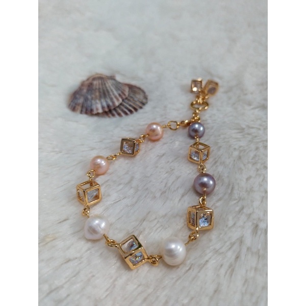 Gelang mutiara air tawar Lombok Edison lapis emas 18k