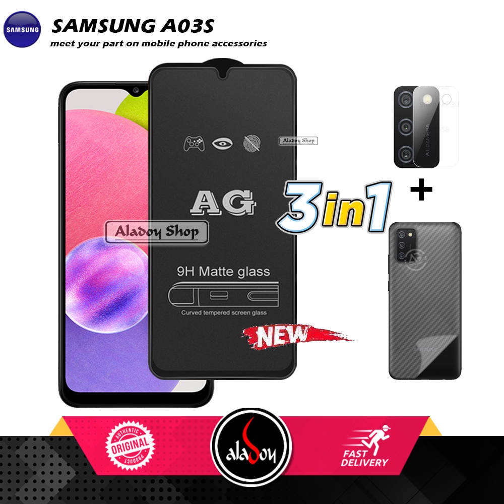 Paket 3IN1 Tempered Glass Layar Matte Anti Glare Samsung A03S Free Tempered Glass Camera dan Skin Carbon