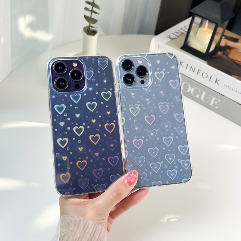 Case Transparan Motif Hati Warna Gradasi Laser Untuk iPhone 14 Pro Max 11 12 13 Pro Max X XS XR 7 8 Plus SE 2020