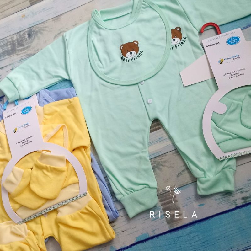 SET 4 IN 1 JUMPER/BODYSUIT BAYI BARU LAHIR LENGKAP  SLABER TOPI &amp;SARUNG TANGAN/SLEEPSUIT BAYI/1 SET KODOK BAYI MOTIF POLOS LUCU