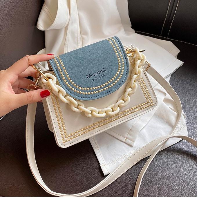 Paling Murah TAS SELEMPANG WANITA MEIN TA153W1 IMPORT KOREA PUTIH BIRU SLING BAG MEWAH KULIT RANTAI 
