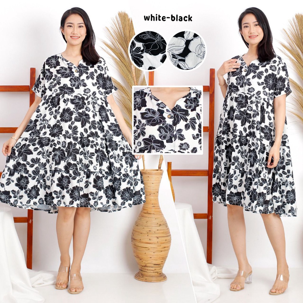 Dress 1139 Rayon Daun Hitam Putih Fashion Wanita