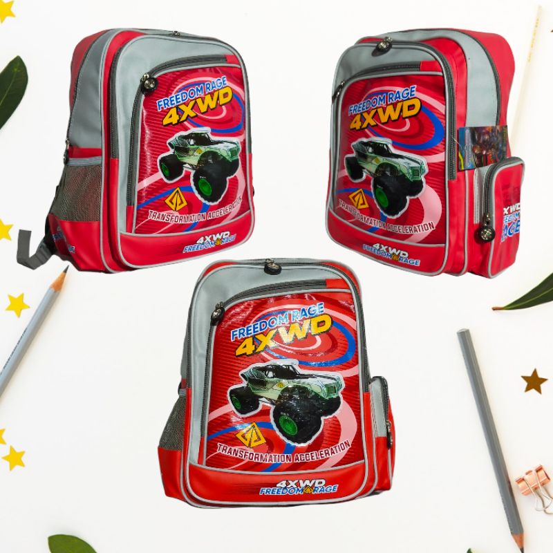 tas ransel anak cowok / laki - laki TK - SD Alto kids original mobil monster free rain cover