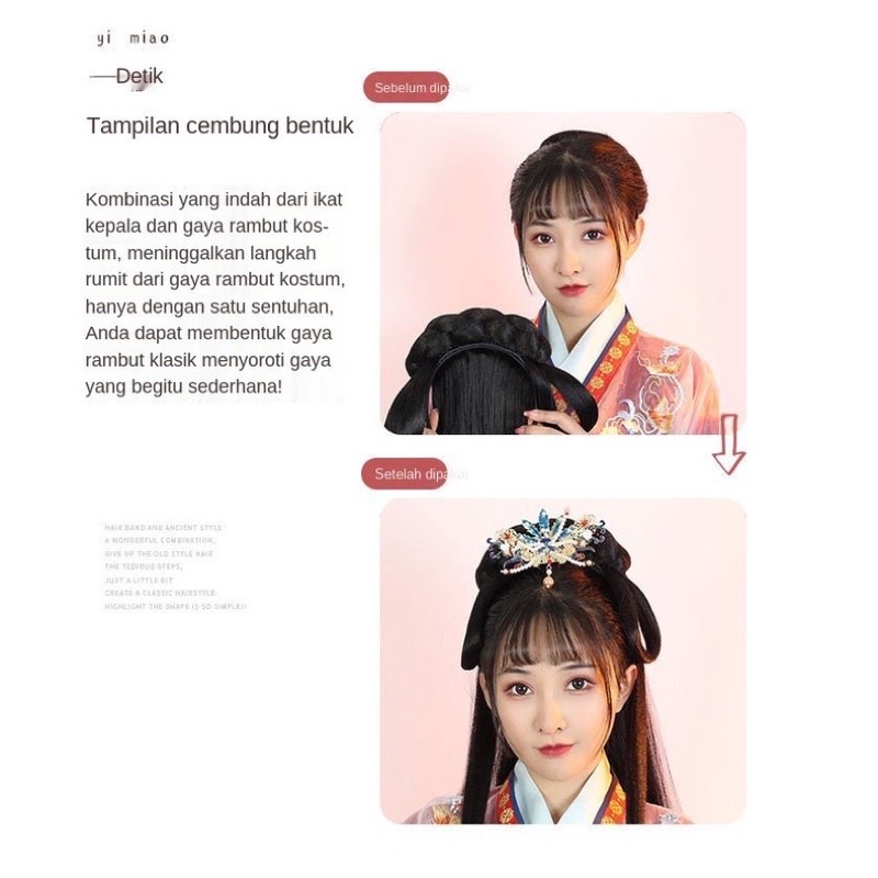 Delunashop Bando IMLEK Wig Rambut Palsu anak dan dewasa Rambut Wig hanfu Terintegrasi Kuno Han Cina Pakaian Pemula Tangan untuk Penyandang Cacat Sanggul Pesta Ming Gaya kostum Kuno Sanggul rambut gaya cina