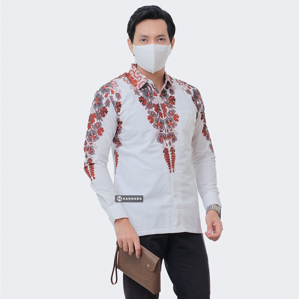 Baju Kemeja Batik Pria Lengan Panjang Slim Fit Premium Modern Full Furing Katun Halus Original Handara Motif Astana Putih Sogan HB-167