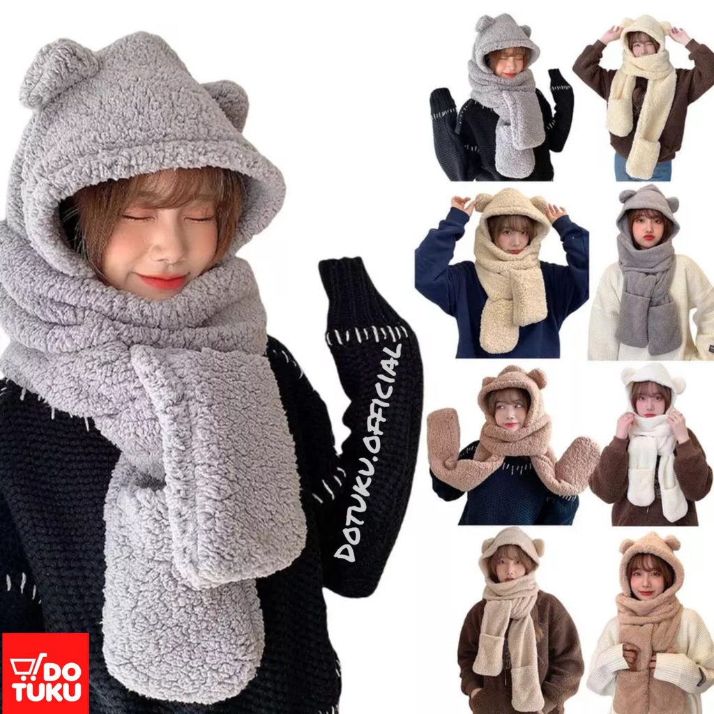 TOPI JENNIE BULU BERUANG SYAL PANJANG COKLAT WOL TELINGA BEAR AESTHETIC ESTETIK ANAK DEWASA TOPI LUCU