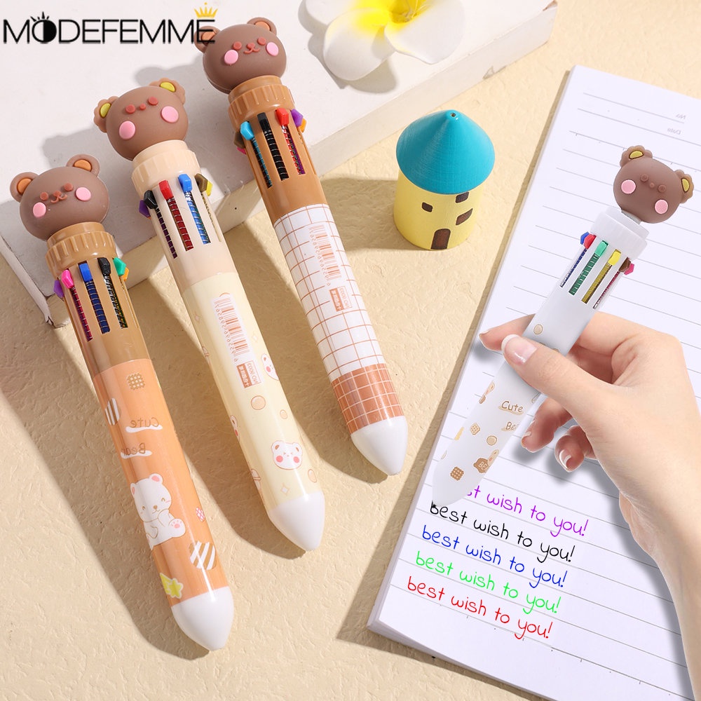 10warna Isi Ulang Pena Gambar Kartun Alat Tulis Alat Tulis Menulis Halus Kepala Beruang Kecil Ballpoint Pen Press-Tipe Pena Grafiti Fashion Kantor Sekolah Supply