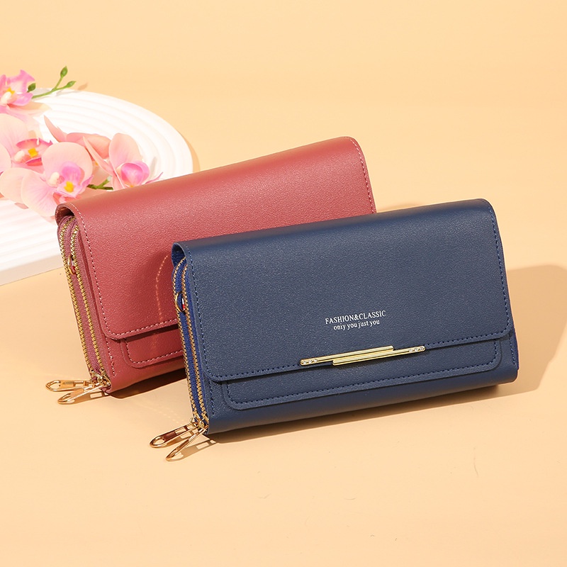 Dompet Panjang Wanita Zipper Multifungsi Tas Selempang Hp Fashion Korea Style Kasual Cewek PU Azgalery D66