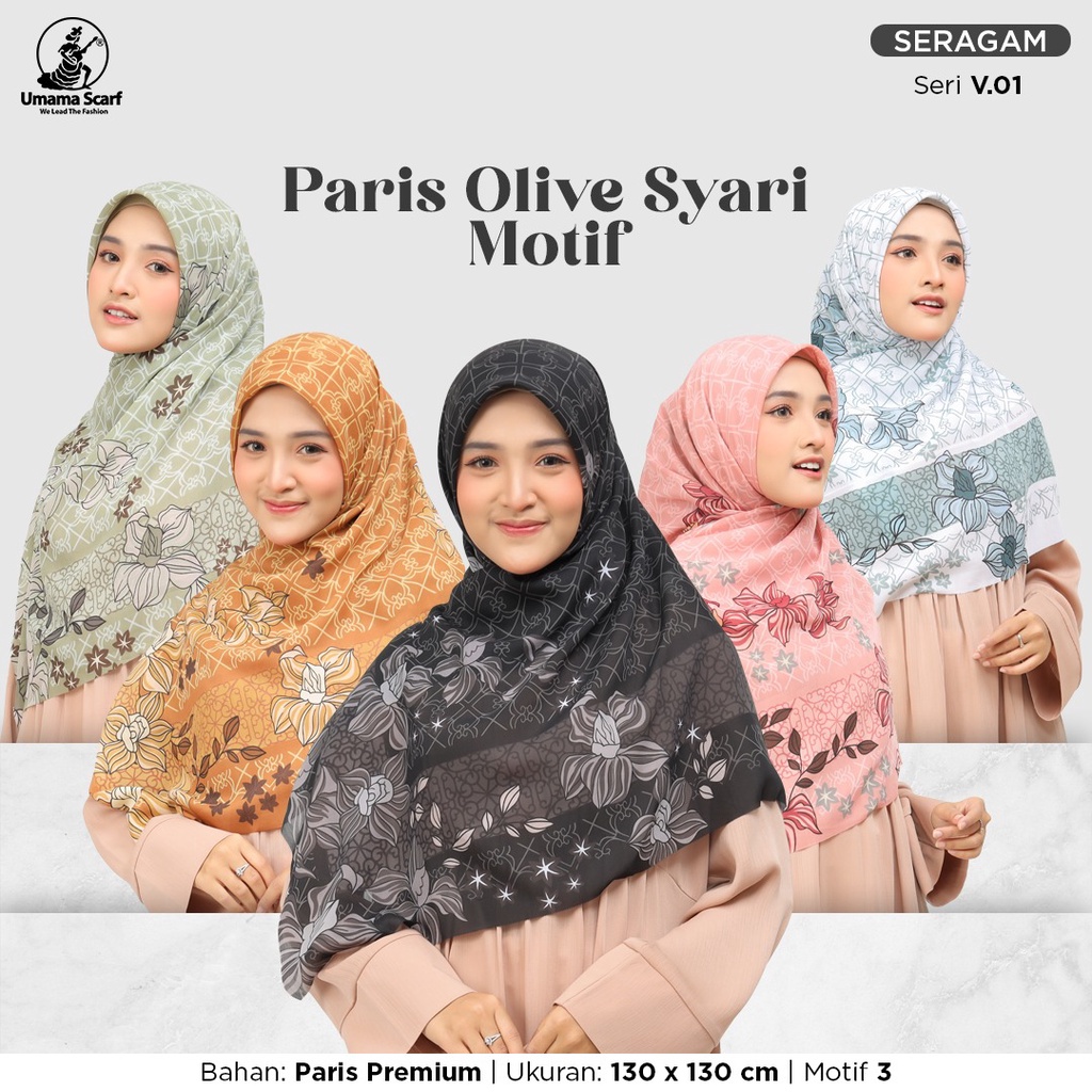 Kerudung PARIS OLIVE MOTIF SYARI Umama Scaf 130X130cm