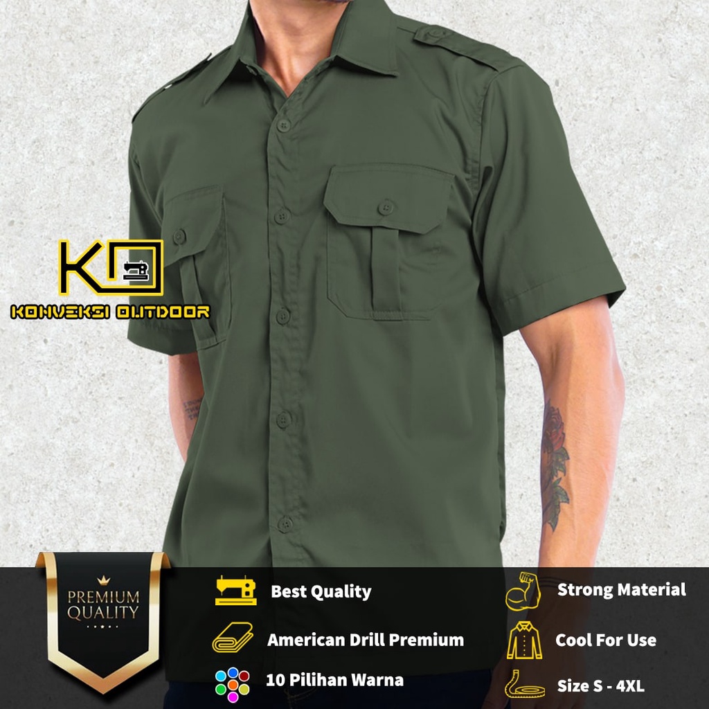 BAJU KEMEJA LAPANGAN SERAGAM ATASAN PDL PDH OUTDOOR LENGAN PENDEK - Pakaian Kerja Kantor Group Cargo Gunung Taktikal Comunitas Kemeja Dinas PNS Safari Satpam Security Keamanan American Amerika Paspampres Partai Prabowo - Warna Hijau Army Konveksi Outdoor