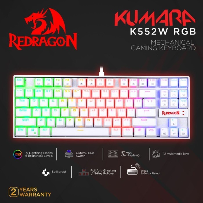 Keyboard Gaming Redragon  Mechanical RGB KUMARA WHITE - K552W-RGB