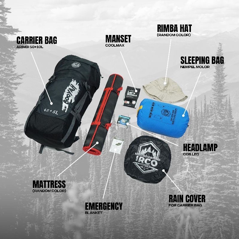 Paket Camping Lengkap 8 Item - Tas Semi Carrier 45 Liter Rain Cover Sleeping Bag Bantal Matras Topi Rimba Headlamp Manset Emergency Blanket