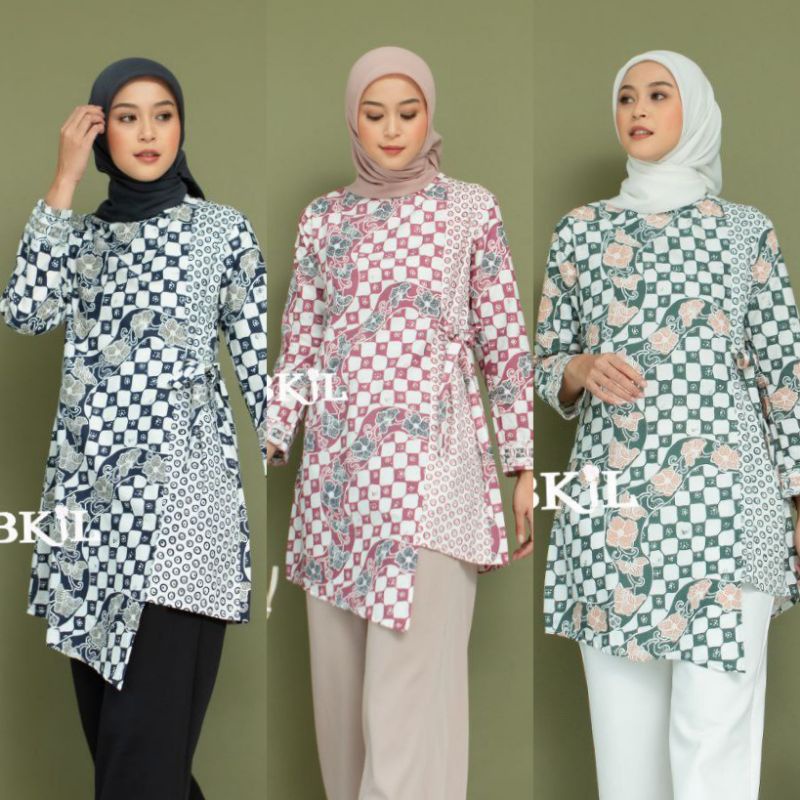 Tunik Batik Wanita Lengan Panjang Tali Samping Motif Kotak