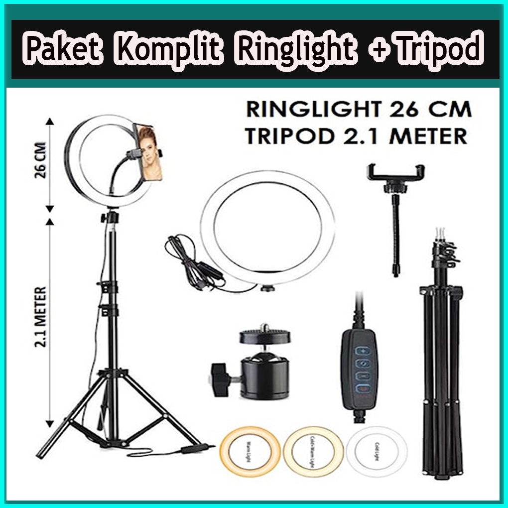 Paket Komplit Ringlight 26cm + Tripod 2,1 Meter| Vlog Lampu Ringlight