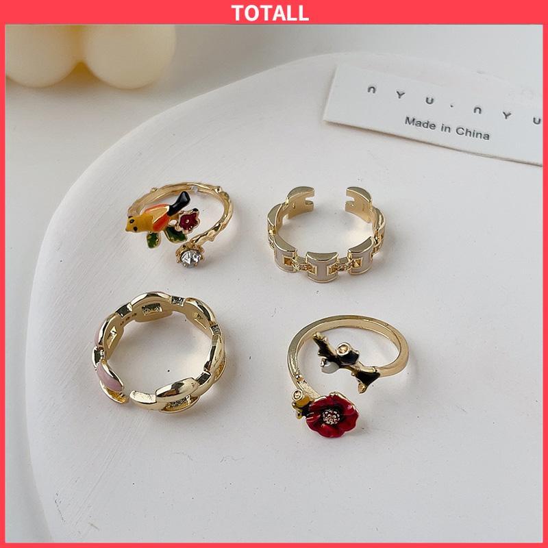 COD Cincin Model Terbuka Bahan Alloy Desain Bungaburung Hias Berlian Imitasi Untuk Wanita Aksesori Cincin Serbaguna-Totall