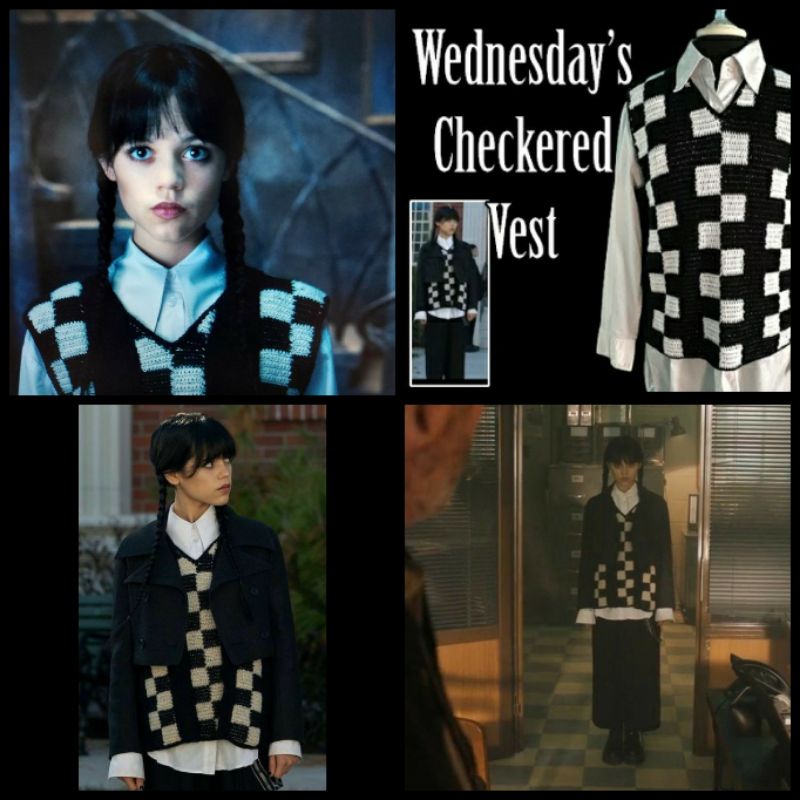 Wednesday Addams Checkered Crochet Vest |Atasan | Top | Tank Top | Rompi | Crochet Rajut Knit Vest W