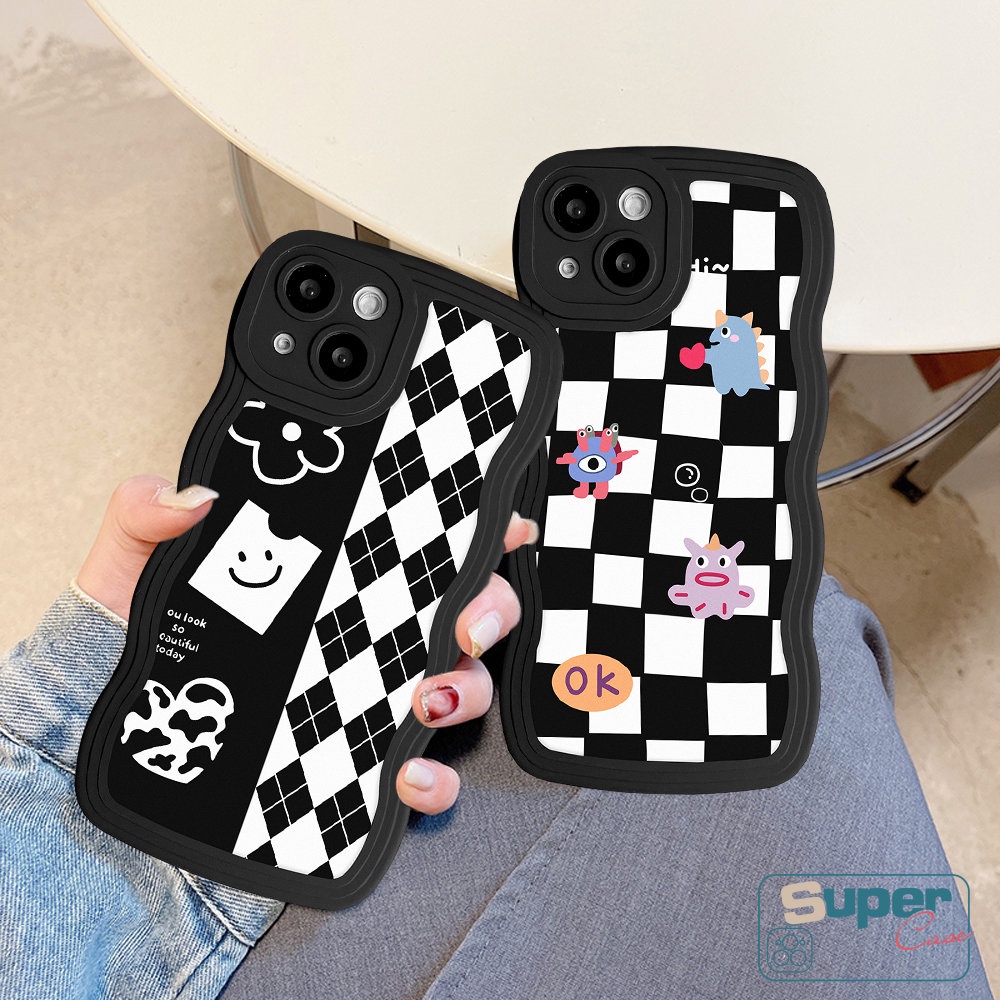 IPHONE Couple Chessboard Diamond Grid Case Kompatibel Untuk Iphone14 11 13 12 Pro Max 6 6s 8 7 Plus 14Plus XR X XS Max SE 2020 Kartun Monster Kecil Lembut TPU Wavy Edge Cover