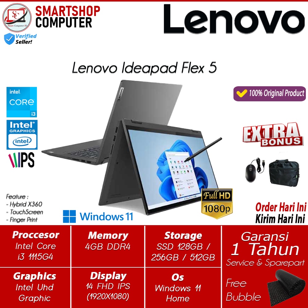 Laptop 2in1 Lenovo Flex 5 Intel i3 1115G4 Ram 4GB 512GB SSD 14 FHD Windows 11 Home Original