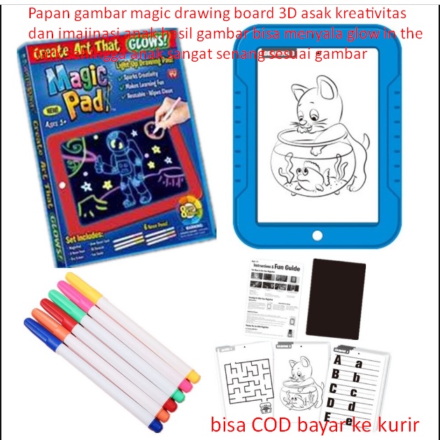 

Papan gambar magic drawing board 3D asak kreativitas dan imajinasi anak hasil gambar bisa menyala glow in the dark sehingga anak sangat senang sesuai gambar