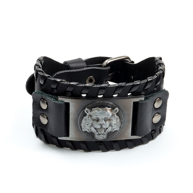 [Z H Jewelry] Viking Fashion Pria Macan Kulit Anyaman Gelang Stainless Steel/Aksesoris Perhiasan Pesta 18.5CM~21.5CM