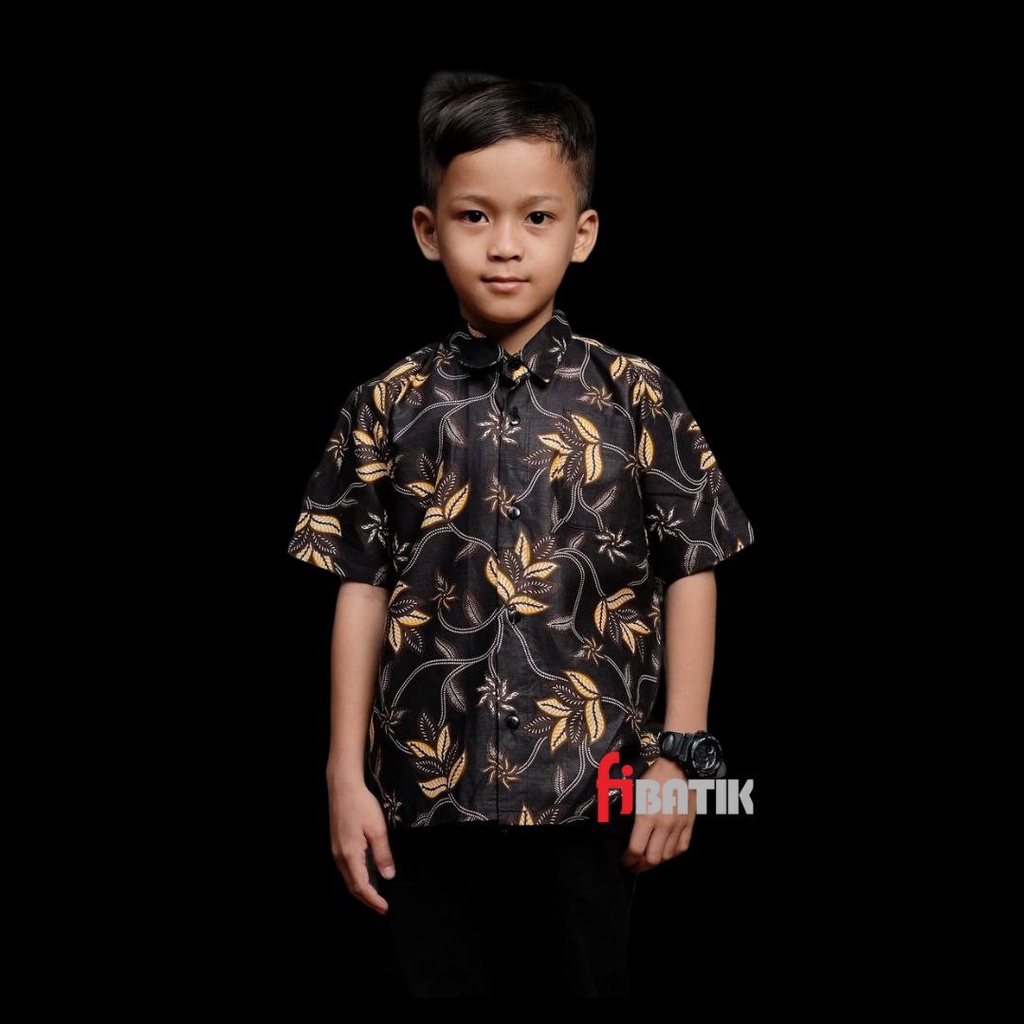 Kemeja Batik Ayah Anak Lengan Panjang Warna Hitam Motif Tangkai Daun Kuning