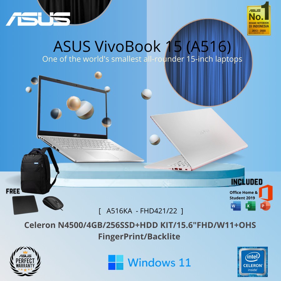 Asus A516KA FHD421 FHD422 Celeron N4500/4GB/256GB/W11+OHS VivoBook 15