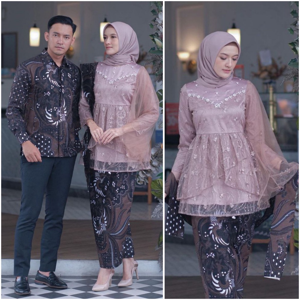 Kebaya modern wisuda couple batik brukat remaja terbaru mewah satu set pasangan keluarga baju pesta tunangan lamaran kondangan wanita muslim kekinian model mecca