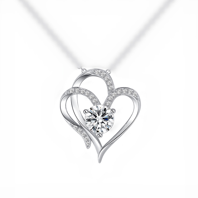 Kalung Liontin Hati Ganda Emas Putih Perempuan Hati Ke Hati Temperamen Elegan High-End Bertatahkan Zirkon Jantung Kalung