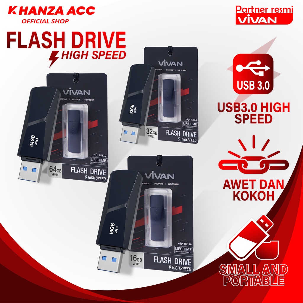 KHANZAACC Flashdisk VIVAN 16GB / 32GB / 64GB USB 3.0 High Speed VF Series